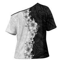 Hawaii Hibiscus Flowers Cross Shoulder Shirt Grayscale Polynesian Pattern