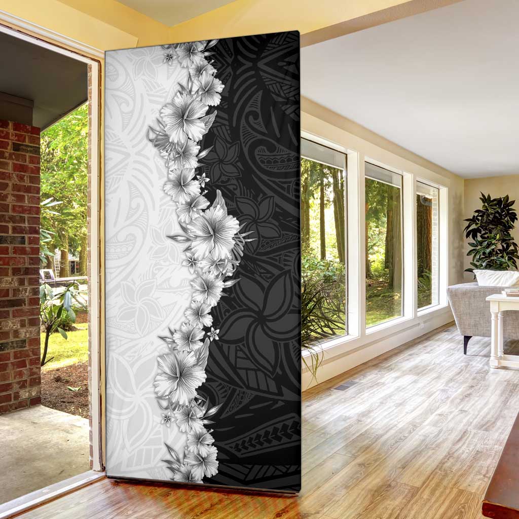 Hawaii Hibiscus Flowers Door Cover Grayscale Polynesian Pattern