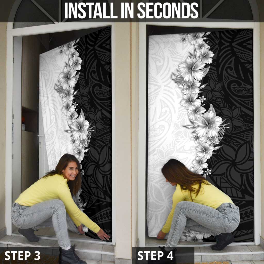 Hawaii Hibiscus Flowers Door Cover Grayscale Polynesian Pattern