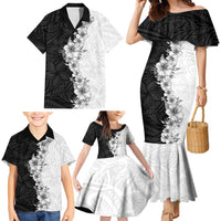 Hawaii Hibiscus Flowers Family Matching Mermaid Dress and Hawaiian Shirt Grayscale Polynesian Pattern