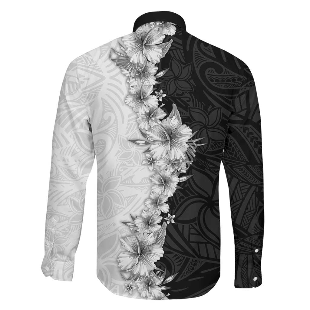 Hawaii Hibiscus Flowers Family Matching Off The Shoulder Long Sleeve Dress and Hawaiian Shirt Grayscale Polynesian Pattern