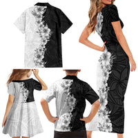 Hawaii Hibiscus Flowers Family Matching Short Sleeve Bodycon Dress and Hawaiian Shirt Grayscale Polynesian Pattern