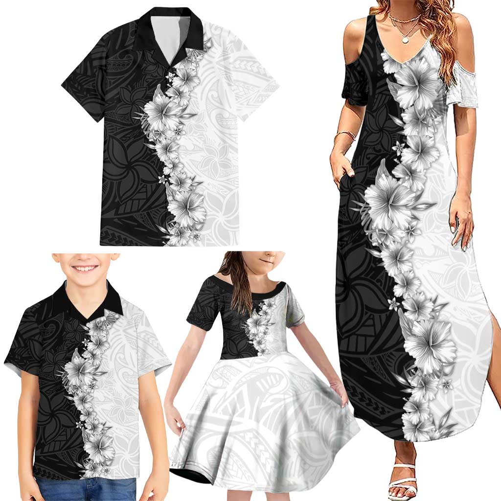 Hawaii Hibiscus Flowers Family Matching Summer Maxi Dress and Hawaiian Shirt Grayscale Polynesian Pattern