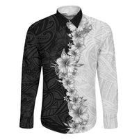 Hawaii Hibiscus Flowers Family Matching Tank Maxi Dress and Hawaiian Shirt Grayscale Polynesian Pattern