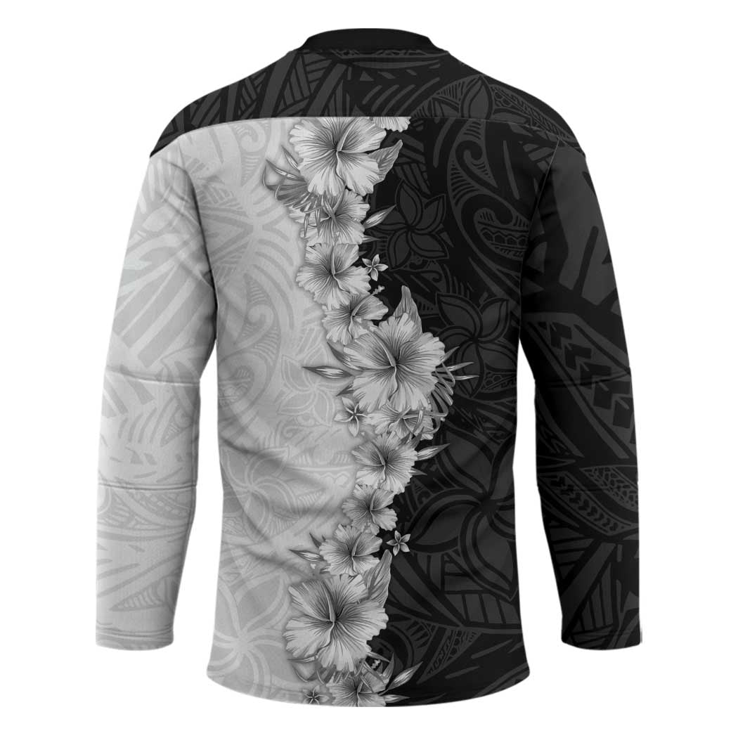 Hawaii Hibiscus Flowers Hockey Jersey Grayscale Polynesian Pattern