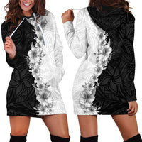 Hawaii Hibiscus Flowers Hoodie Dress Grayscale Polynesian Pattern