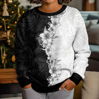 Hawaii Hibiscus Flowers Kid Ugly Christmas Sweater Grayscale Polynesian Pattern LT05 - Polynesian Pride