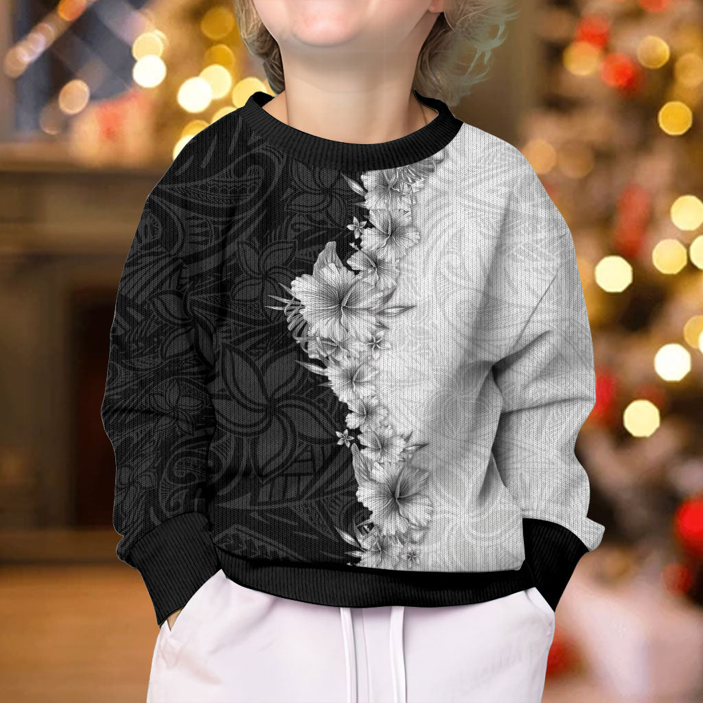 Hawaii Hibiscus Flowers Kid Ugly Christmas Sweater Grayscale Polynesian Pattern LT05 - Polynesian Pride