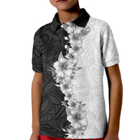 Hawaii Hibiscus Flowers Kid Polo Shirt Grayscale Polynesian Pattern