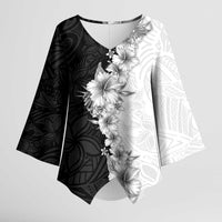 Hawaii Hibiscus Flowers Kimono Sleeve Blouse Grayscale Polynesian Pattern