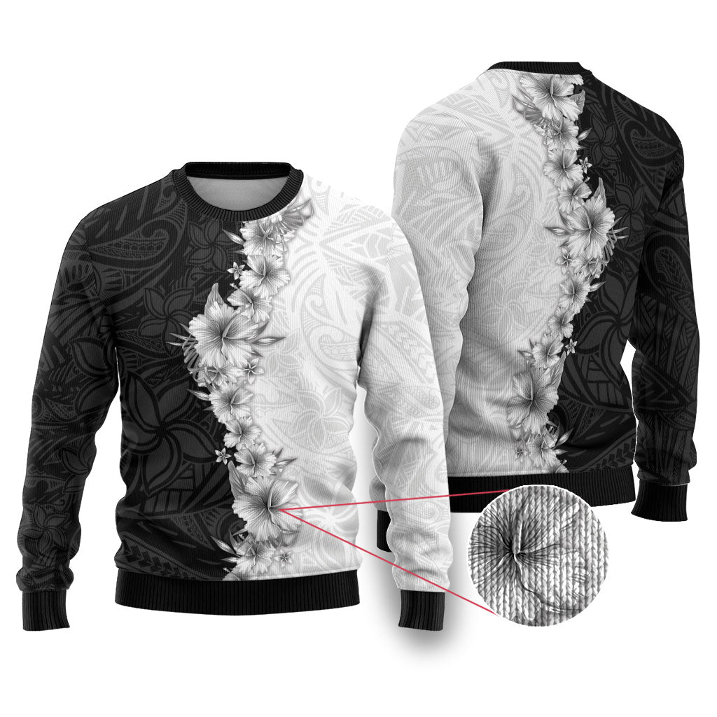 Hawaii Hibiscus Flowers Ugly Christmas Sweater Grayscale Polynesian Pattern LT05 Black - Polynesian Pride
