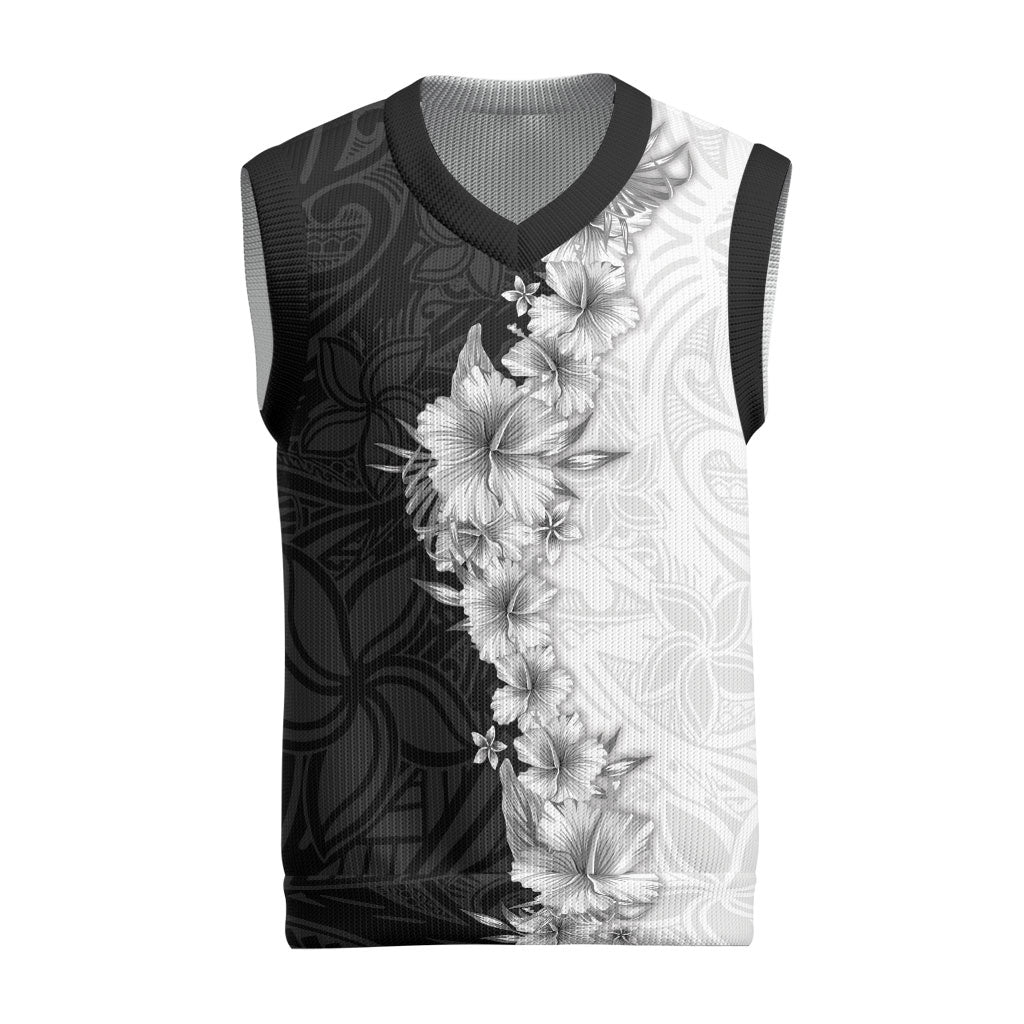 Hawaii Hibiscus Flowers Christmas Knitted V-Neck Vest Grayscale Polynesian Pattern LT05 Black - Polynesian Pride
