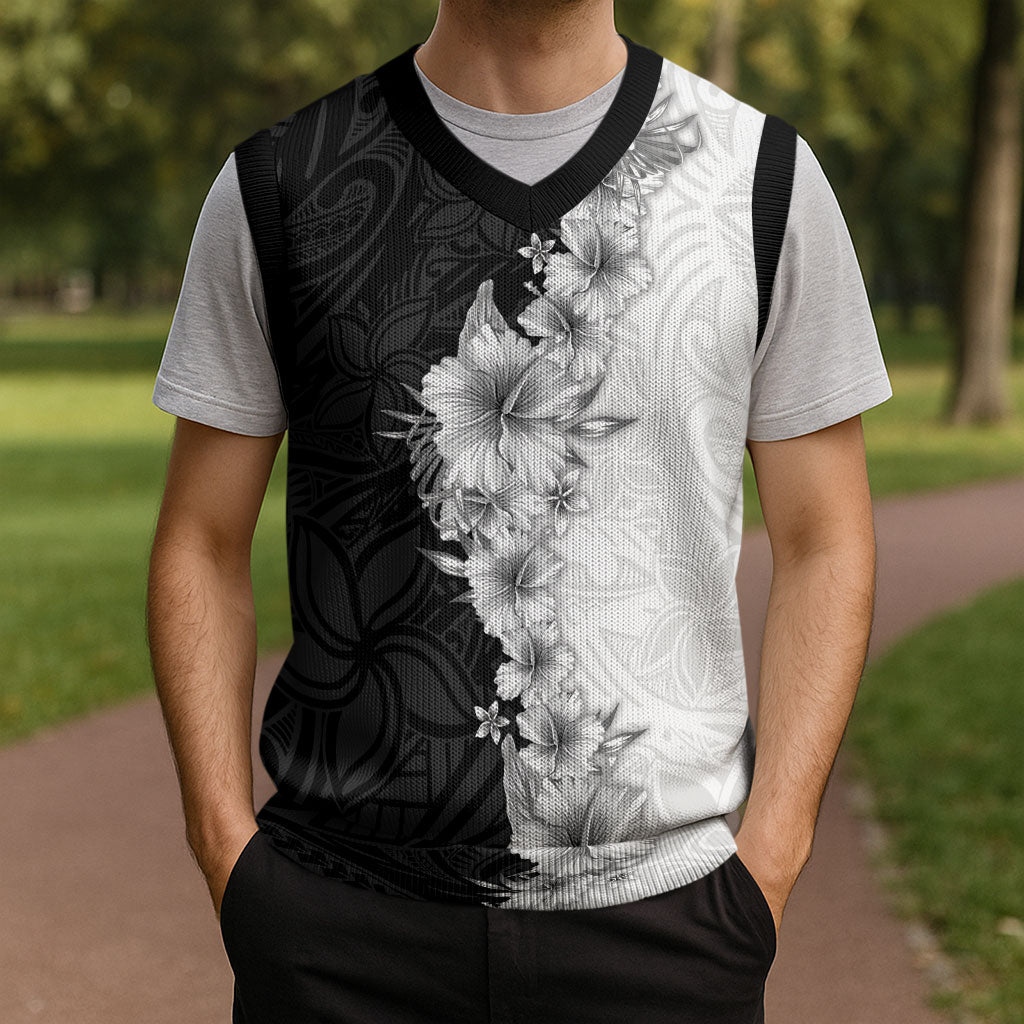 Hawaii Hibiscus Flowers Christmas Knitted V-Neck Vest Grayscale Polynesian Pattern LT05 - Polynesian Pride
