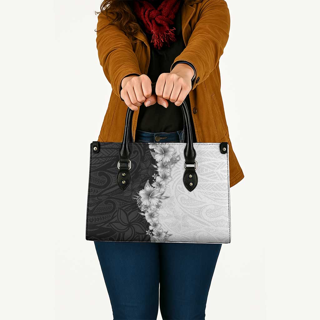 Hawaii Hibiscus Flowers Leather Bag Grayscale Polynesian Pattern