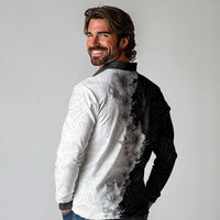 Hawaii Hibiscus Flowers Long Sleeve Polo Shirt Grayscale Polynesian Pattern