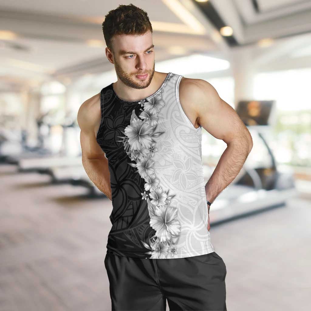 Hawaii Hibiscus Flowers Men Tank Top Grayscale Polynesian Pattern