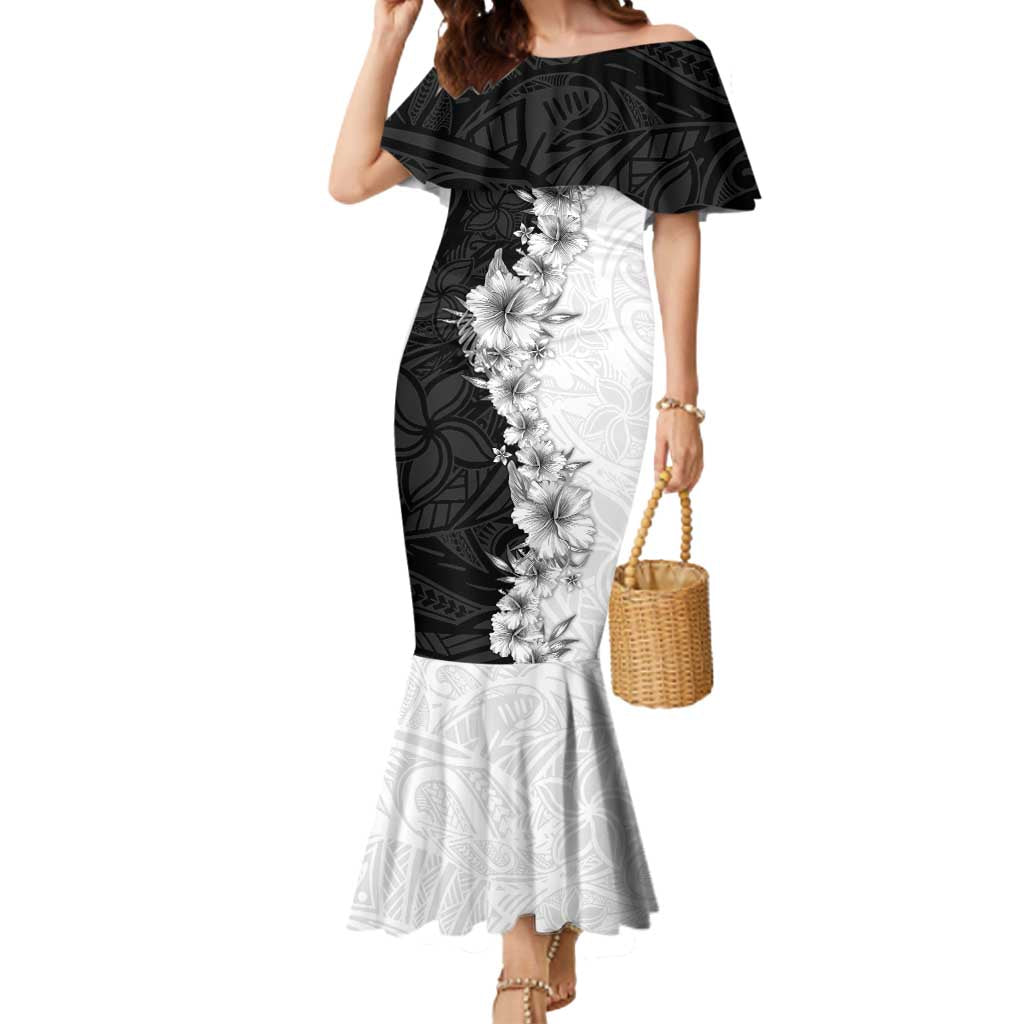 Hawaii Hibiscus Flowers Mermaid Dress Grayscale Polynesian Pattern