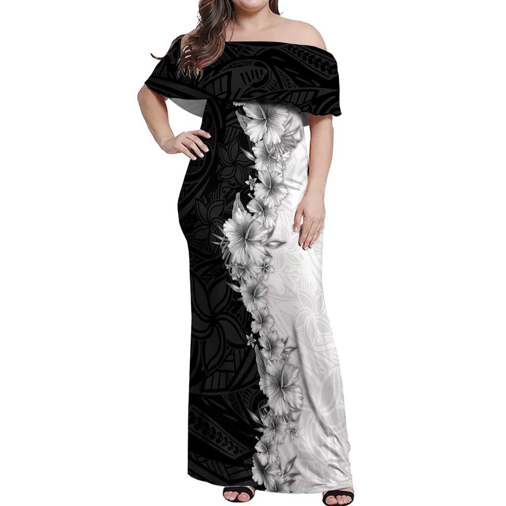 Hawaii Hibiscus Flowers Off Shoulder Maxi Dress Grayscale Polynesian Pattern