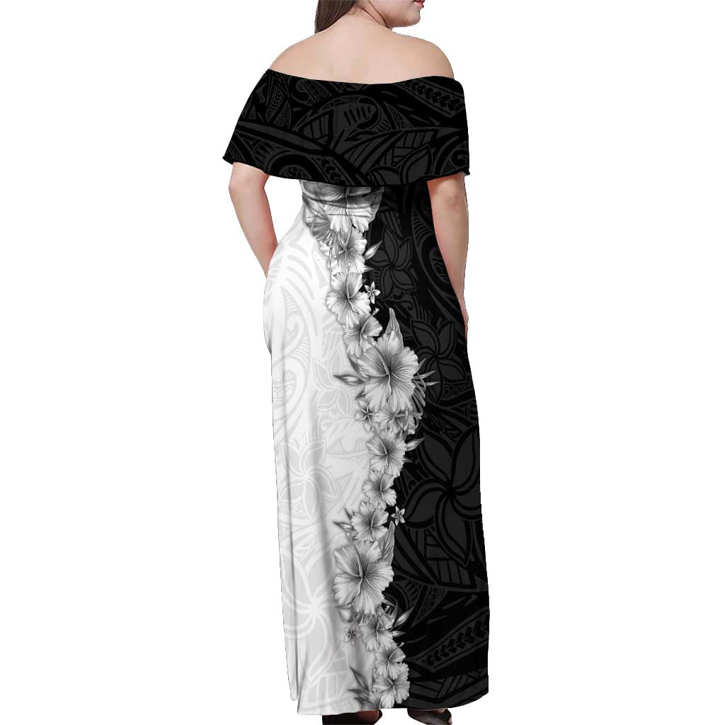 Hawaii Hibiscus Flowers Off Shoulder Maxi Dress Grayscale Polynesian Pattern