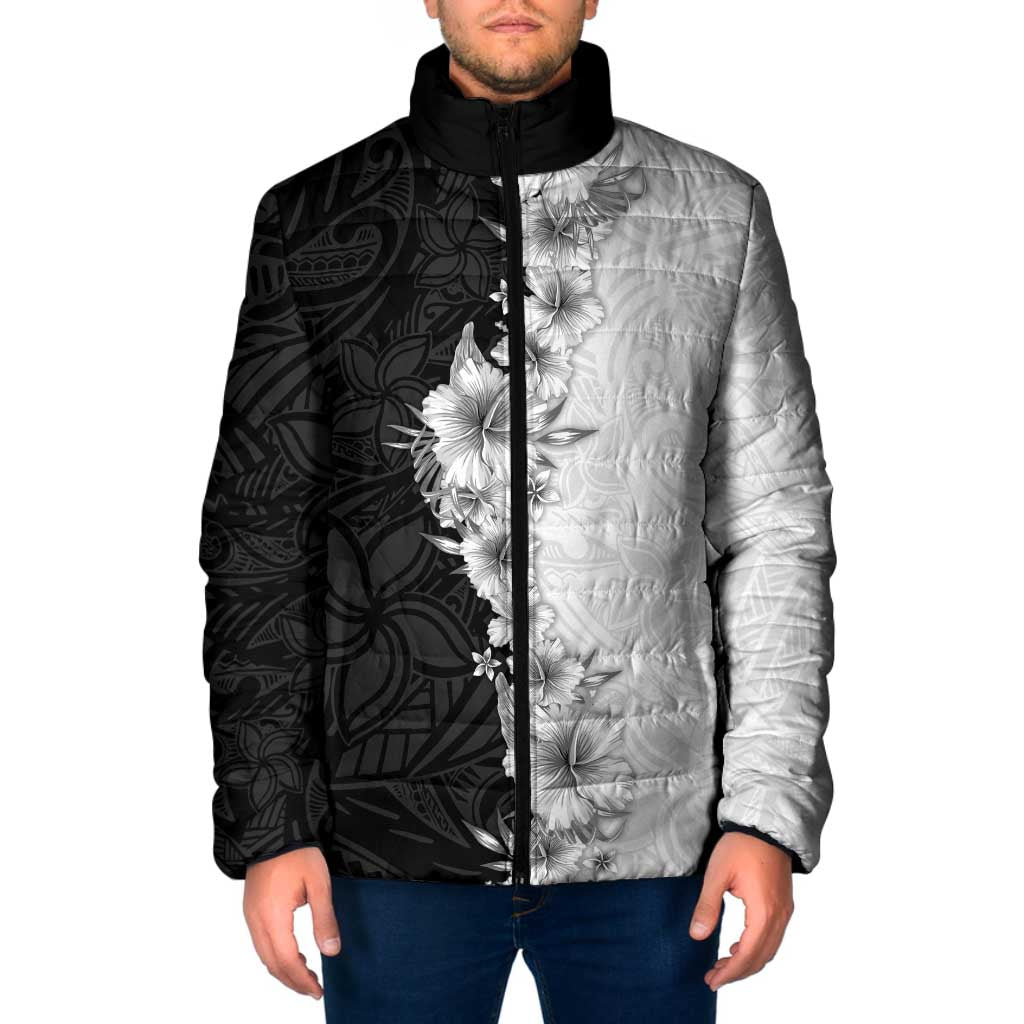 Hawaii Hibiscus Flowers Padded Jacket Grayscale Polynesian Pattern