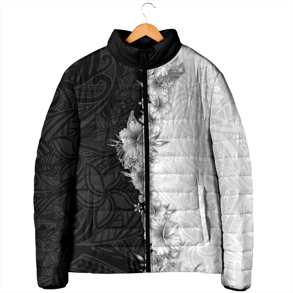 Hawaii Hibiscus Flowers Padded Jacket Grayscale Polynesian Pattern