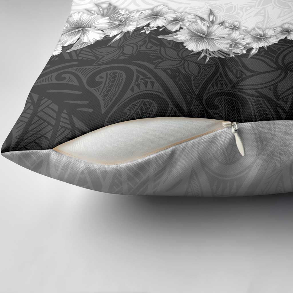 Hawaii Hibiscus Flowers Pillow Cover Grayscale Polynesian Pattern