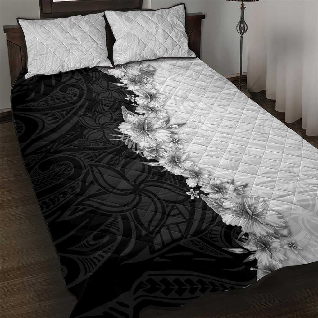 Hawaii Hibiscus Flowers Quilt Bed Set Grayscale Polynesian Pattern