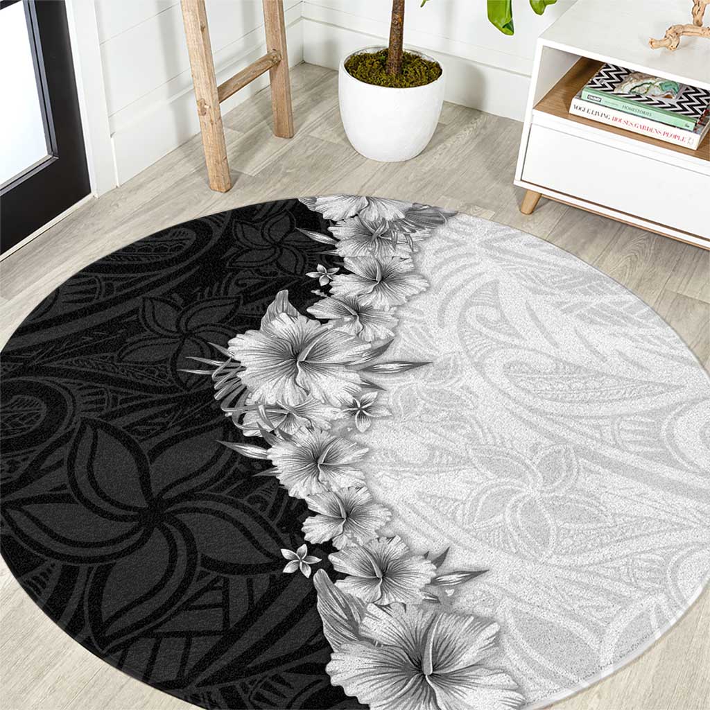 Hawaii Hibiscus Flowers Round Carpet Grayscale Polynesian Pattern