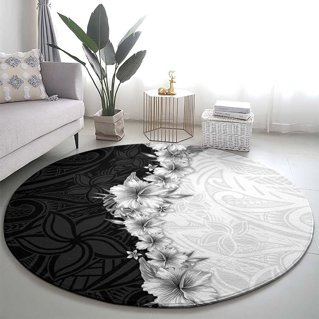 Hawaii Hibiscus Flowers Round Carpet Grayscale Polynesian Pattern