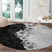 Hawaii Hibiscus Flowers Round Carpet Grayscale Polynesian Pattern