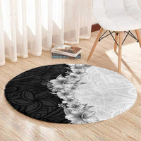 Hawaii Hibiscus Flowers Round Carpet Grayscale Polynesian Pattern