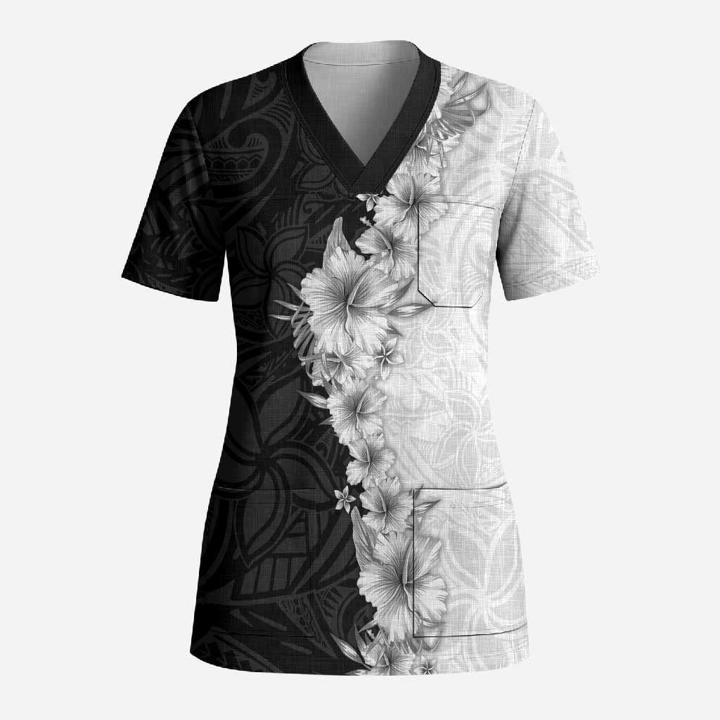 Hawaii Hibiscus Flowers Scrub Top Grayscale Polynesian Pattern