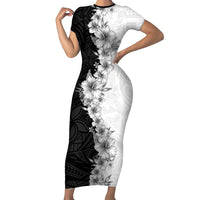 Hawaii Hibiscus Flowers Short Sleeve Bodycon Dress Grayscale Polynesian Pattern