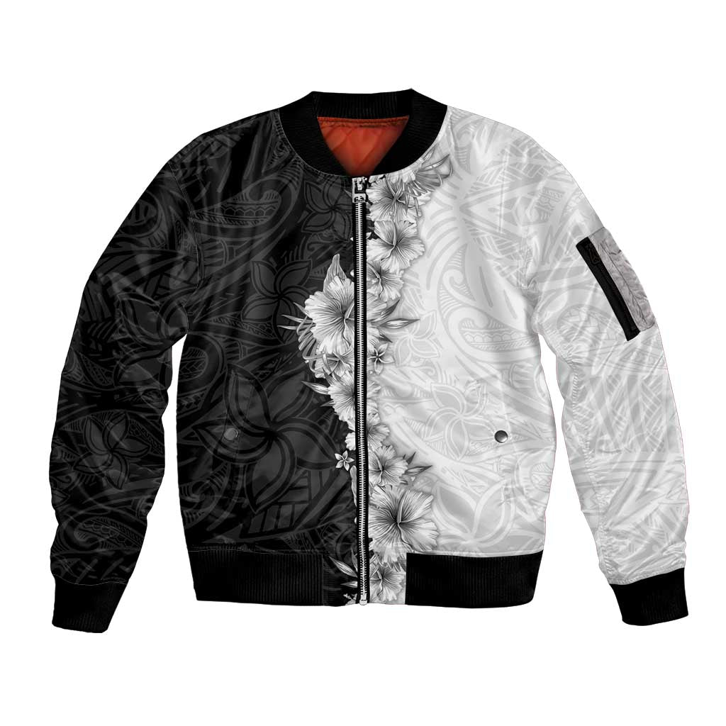 Hawaii Hibiscus Flowers Sleeve Zip Bomber Jacket Grayscale Polynesian Pattern