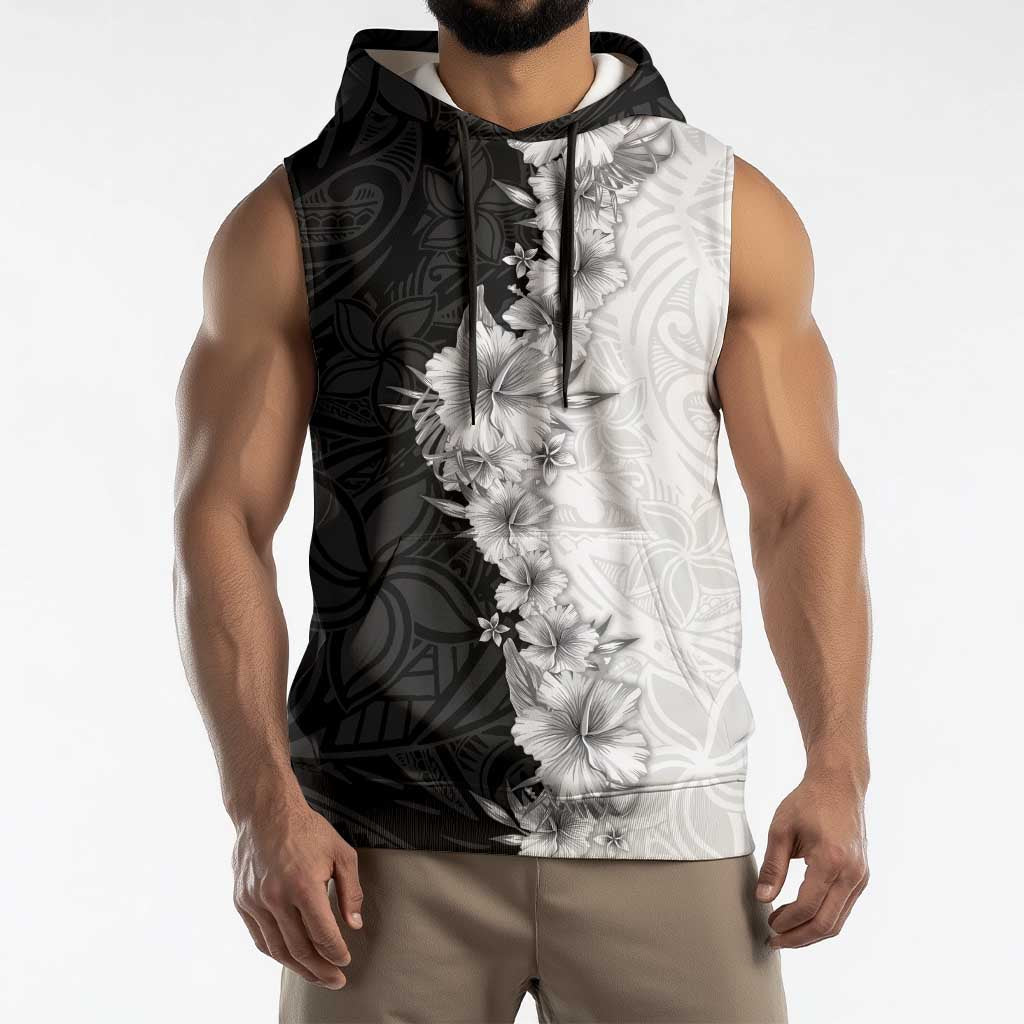 Hawaii Hibiscus Flowers Sleeveless Hoodie Grayscale Polynesian Pattern