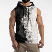 Hawaii Hibiscus Flowers Sleeveless Hoodie Grayscale Polynesian Pattern