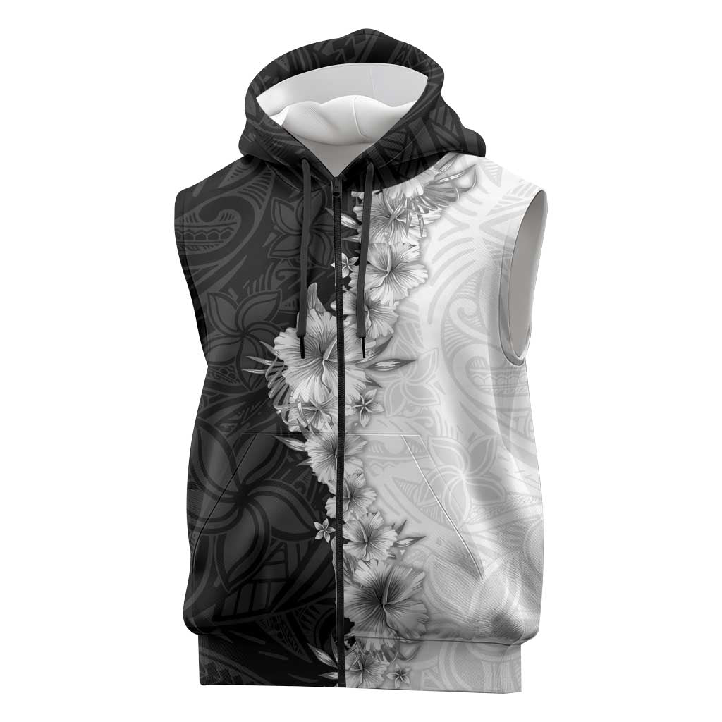 Hawaii Hibiscus Flowers Sleeveless Zip Hoodie Grayscale Polynesian Pattern