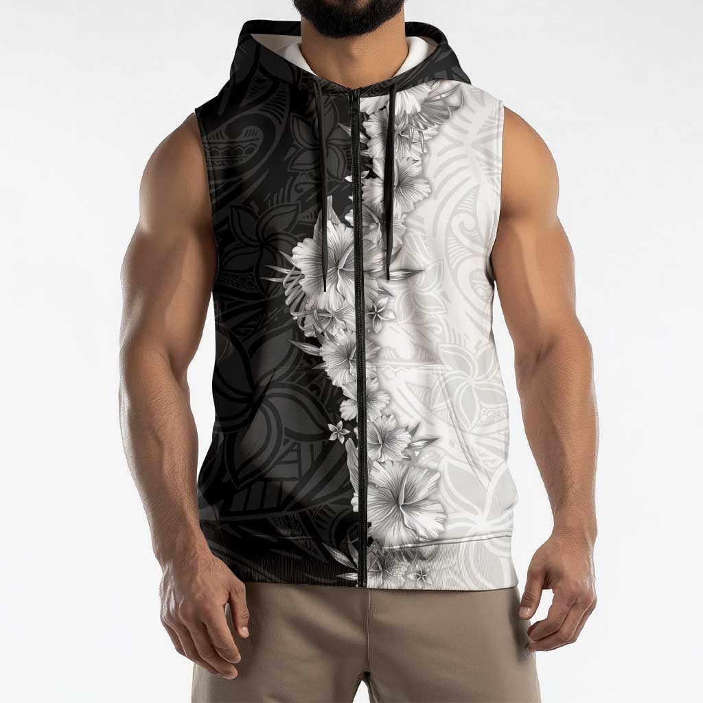 Hawaii Hibiscus Flowers Sleeveless Zip Hoodie Grayscale Polynesian Pattern