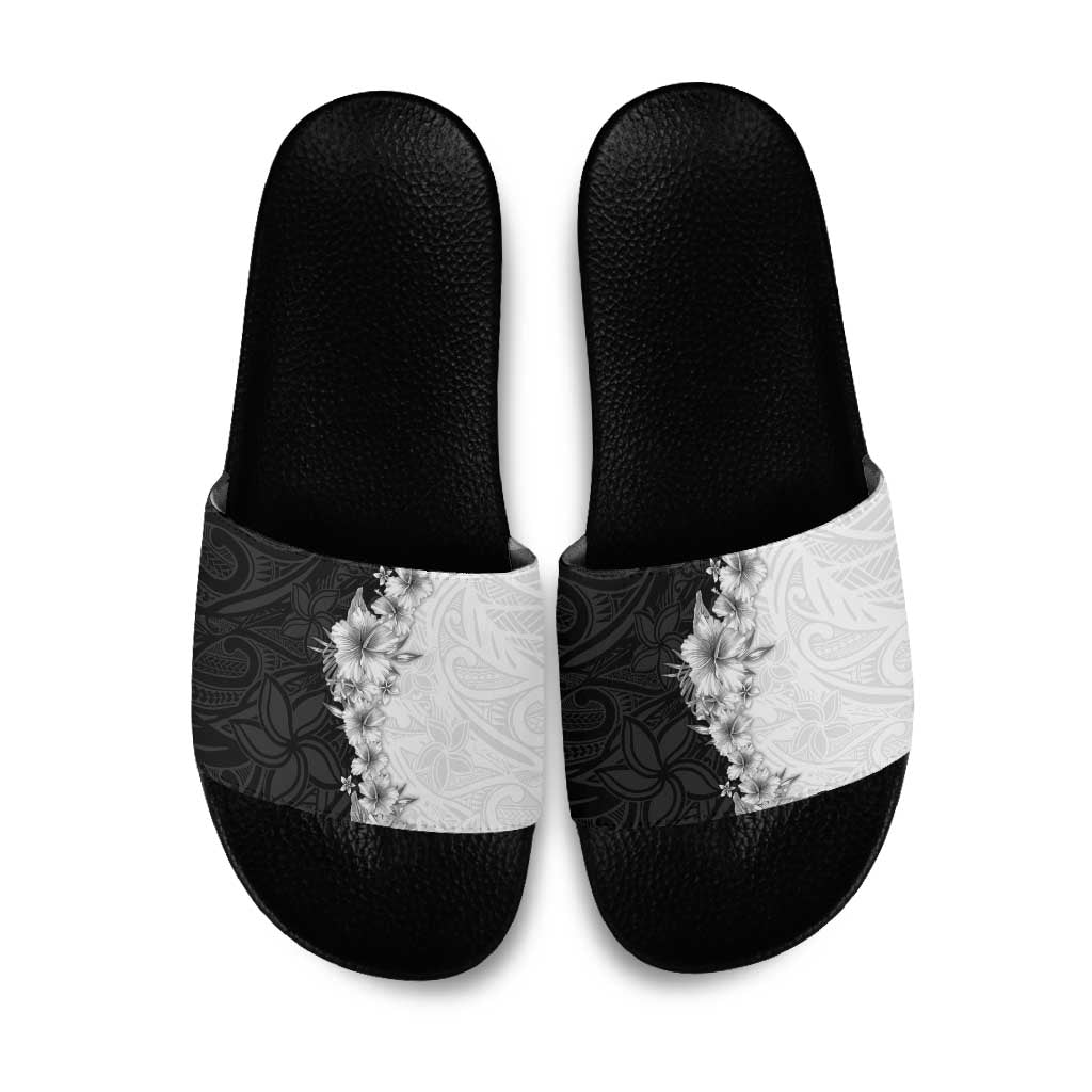Hawaii Hibiscus Flowers Slide Sandals Grayscale Polynesian Pattern