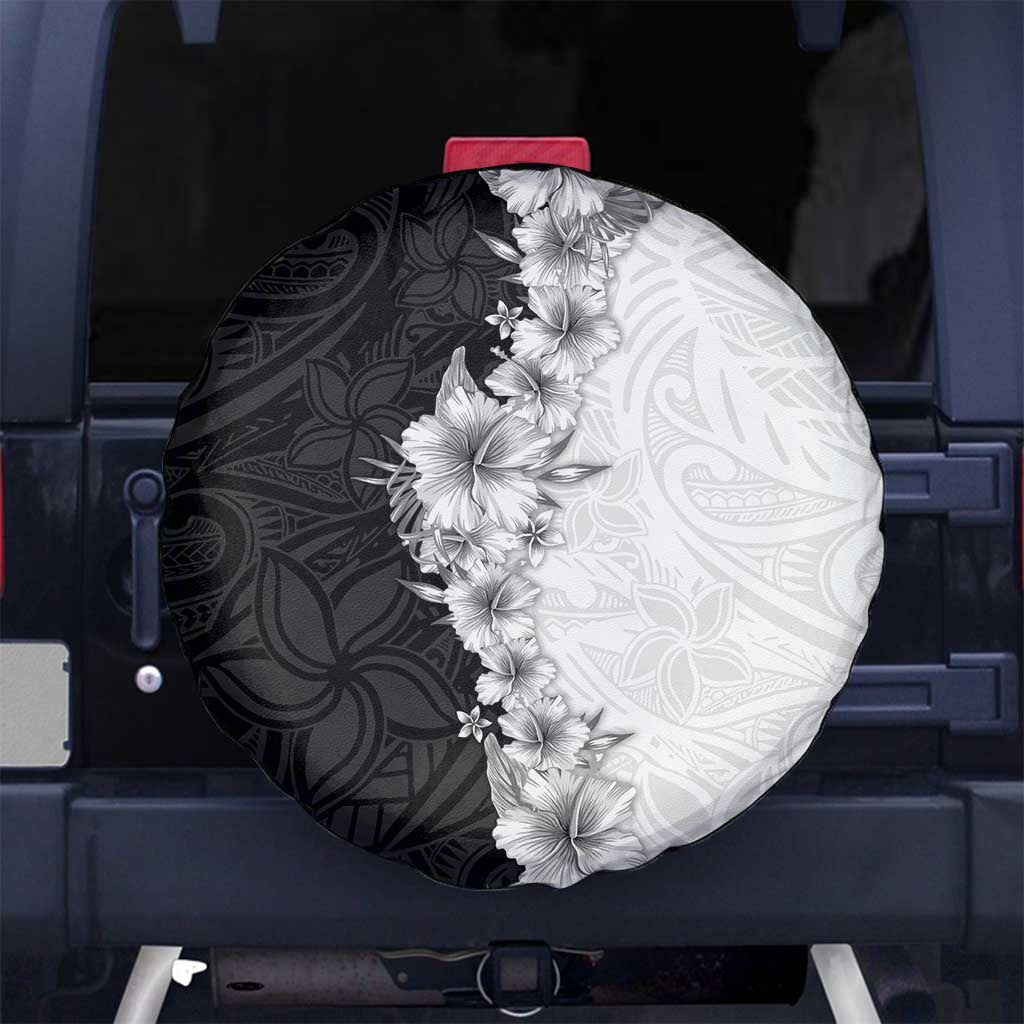 Hawaii Hibiscus Flowers Spare Tire Cover Grayscale Polynesian Pattern