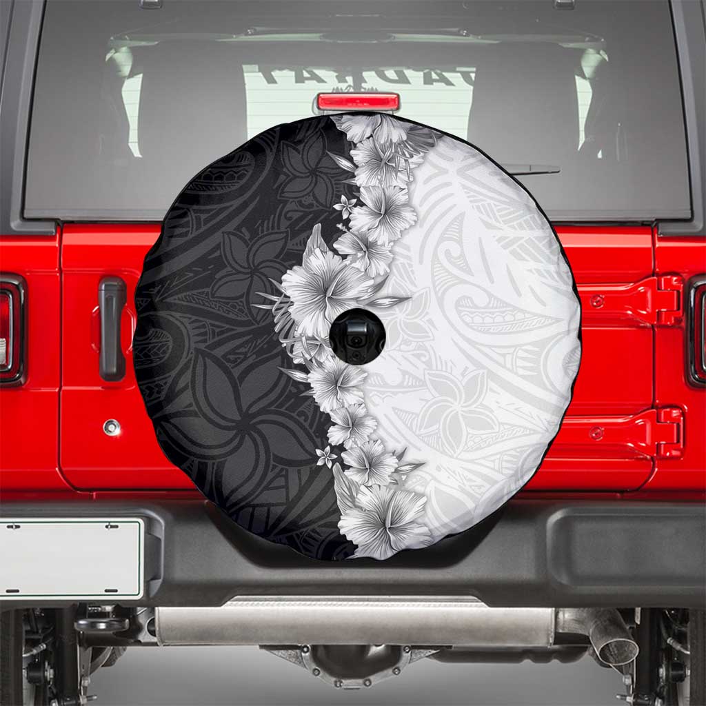 Hawaii Hibiscus Flowers Spare Tire Cover Grayscale Polynesian Pattern