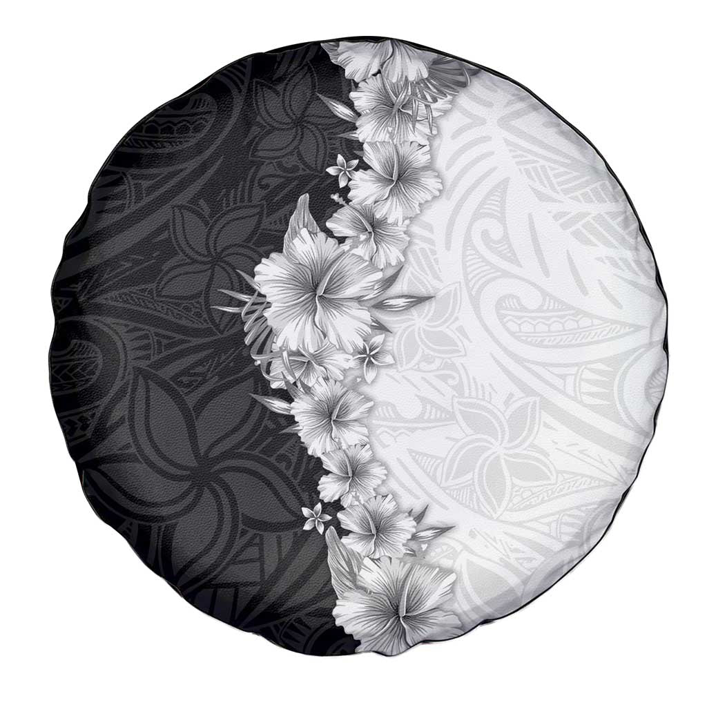 Hawaii Hibiscus Flowers Spare Tire Cover Grayscale Polynesian Pattern