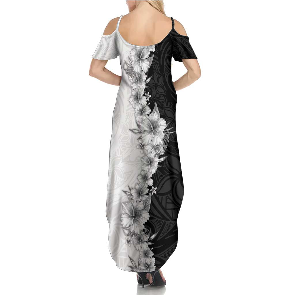 Hawaii Hibiscus Flowers Summer Maxi Dress Grayscale Polynesian Pattern