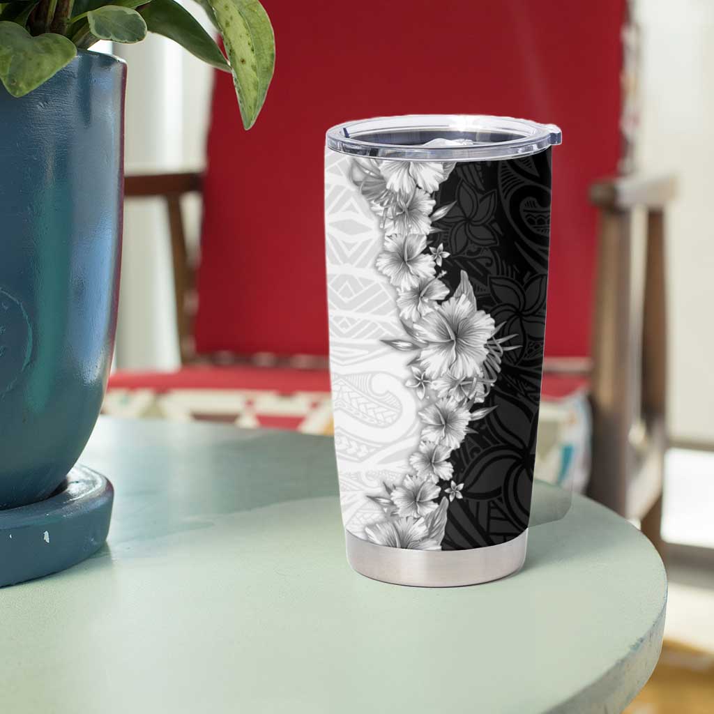 Hawaii Hibiscus Flowers Tumbler Cup Grayscale Polynesian Pattern