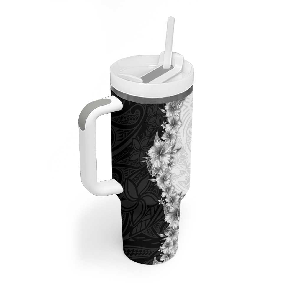 Hawaii Hibiscus Flowers Tumbler With Handle Grayscale Polynesian Pattern