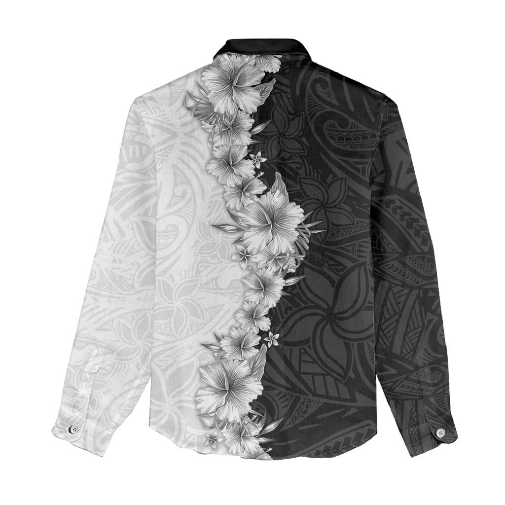 Hawaii Hibiscus Flowers Women Casual Shirt Grayscale Polynesian Pattern