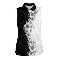 Hawaii Hibiscus Flowers Women Sleeveless Polo Shirt Grayscale Polynesian Pattern