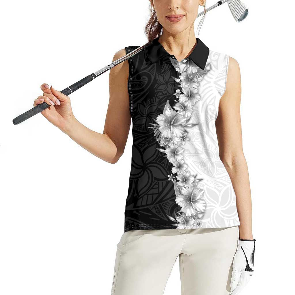 Hawaii Hibiscus Flowers Women Sleeveless Polo Shirt Grayscale Polynesian Pattern