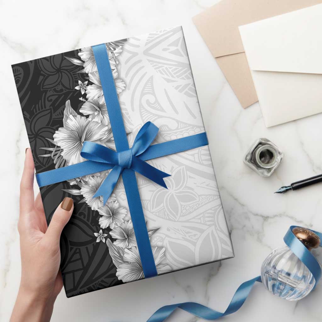 Hawaii Hibiscus Flowers Wrapping Paper Grayscale Polynesian Pattern