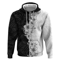 Hawaii Hibiscus Flowers Zip Hoodie Grayscale Polynesian Pattern